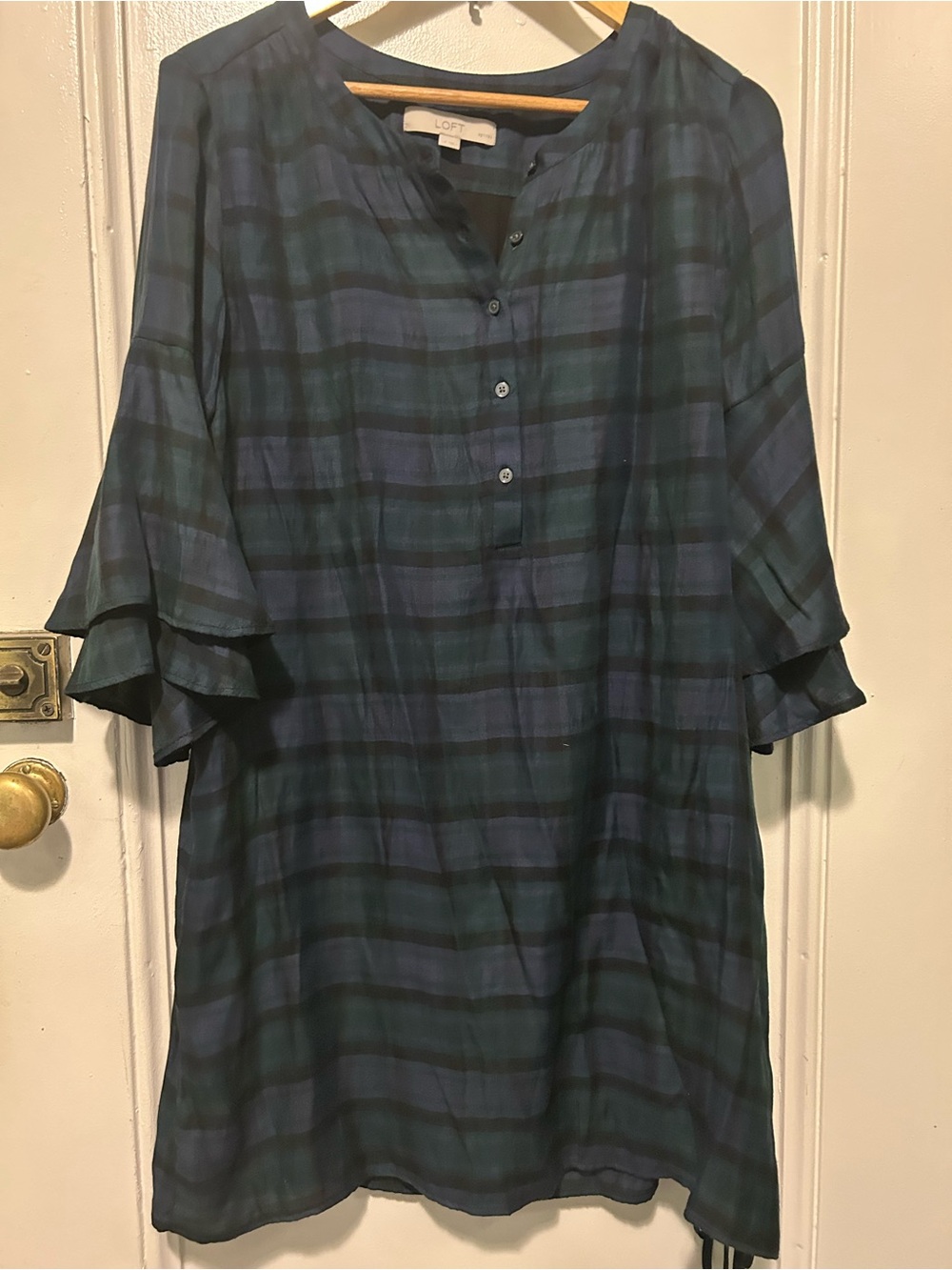 LOFT Navy and Green Plaid Ruffle-Sleeve Tunic Dress